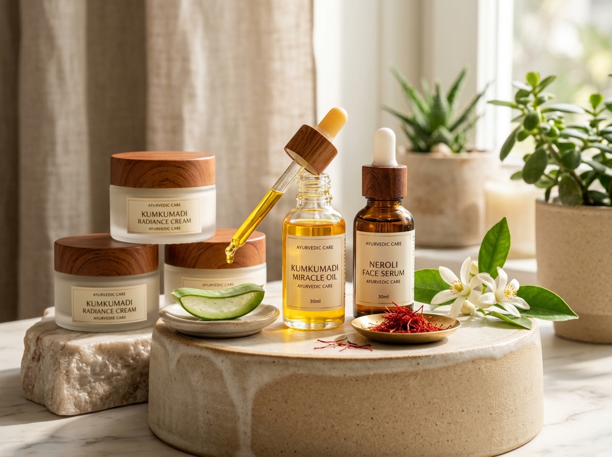 Ayurvedic Kumkumadi and Botanical Skincare Jars and Serums